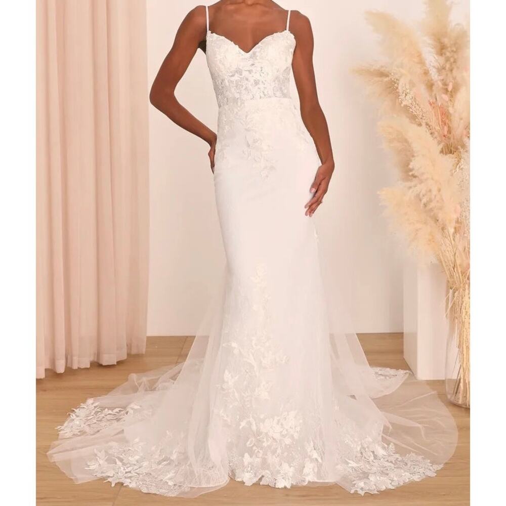 NWT Lulus Everlasting Affection White Lace Backless Mermaid Maxi Dress Size 4